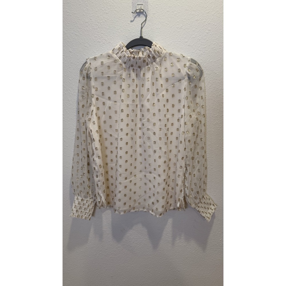 LOFT Shirt Womens Small White Metallic Dot Ruffle Neck Long Sleeve Sheer Blouse